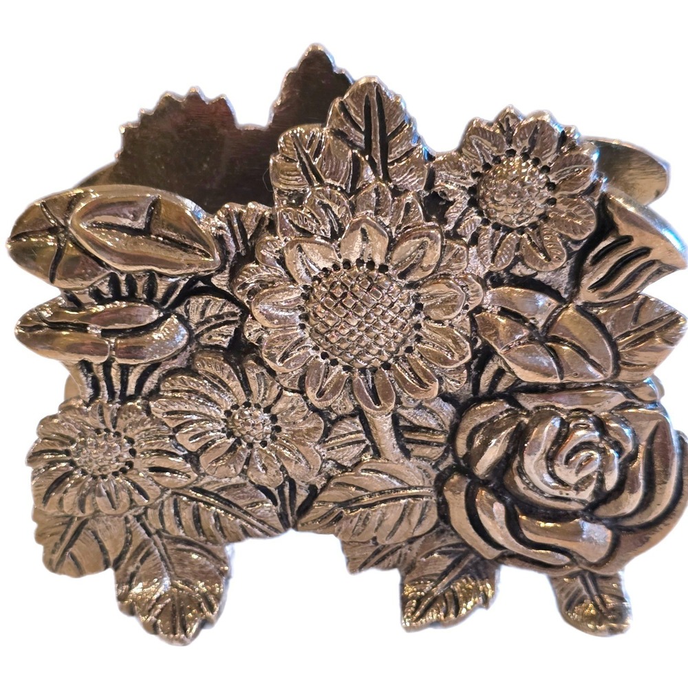 VTG Ornate Silver Plated Napkin Holder Floral Sunflower Rose Heavy Cast Metal